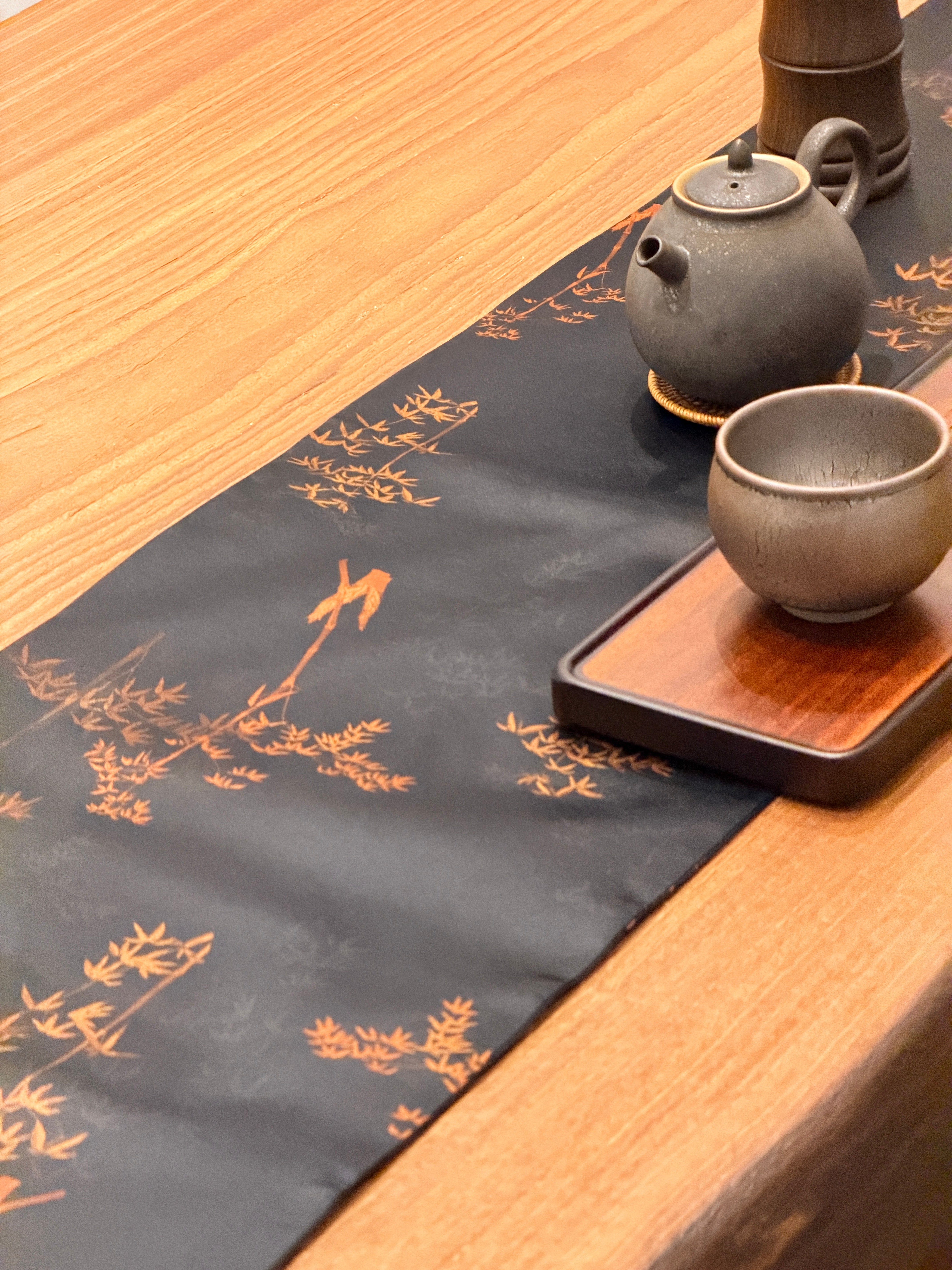 Ink Bamboo Listening to the Wind Gambiered Silk Tea Mat