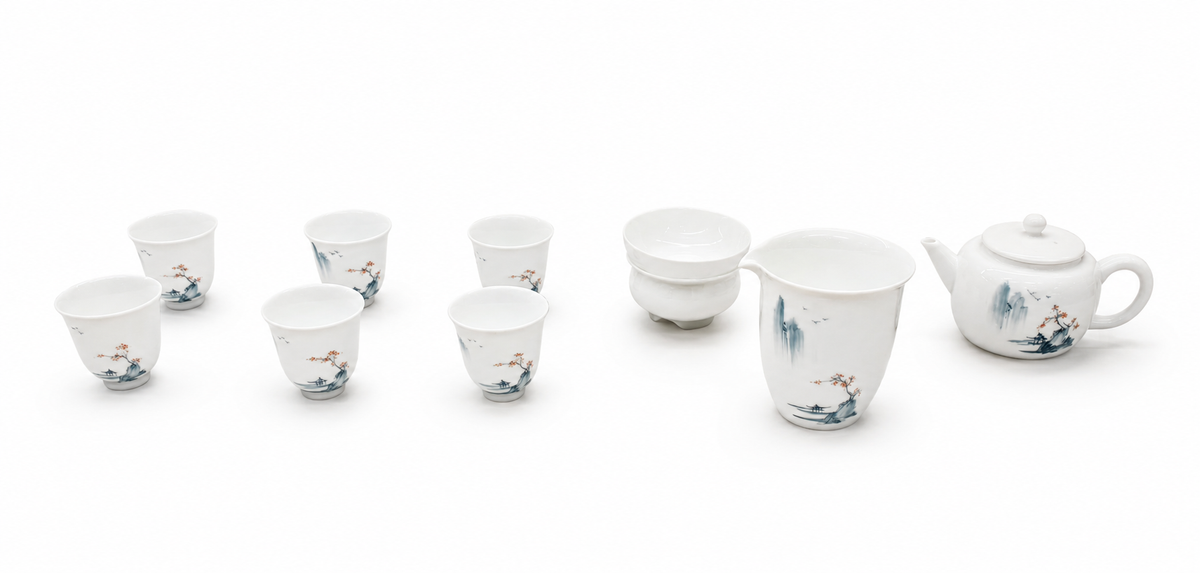 Hand-painted Sky and Water White Porcelain Tea Set