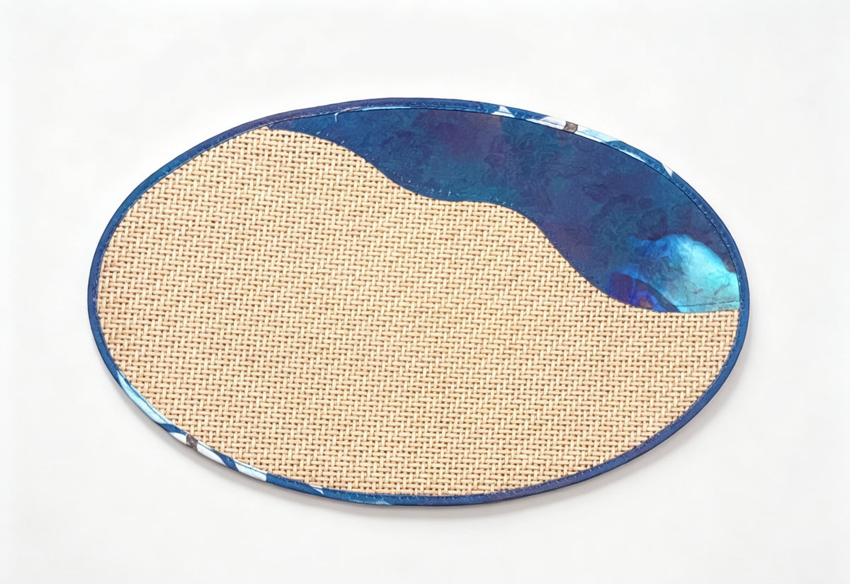 Oval Blue Rhyme Brocade Hemp Braided Short Tea Mat