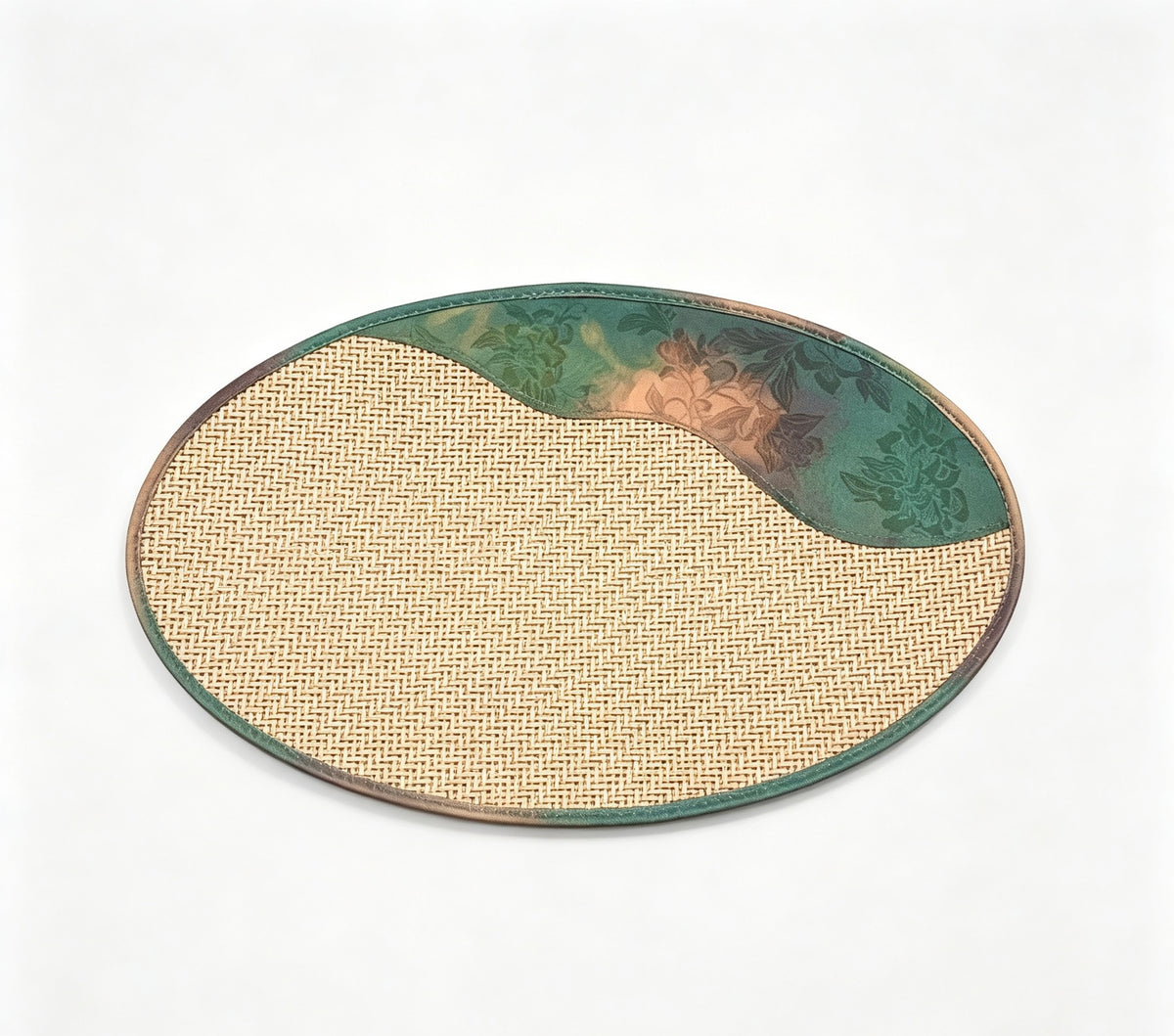Oval Celadon Peony Brocade Woven Hemp Short Tea Mat