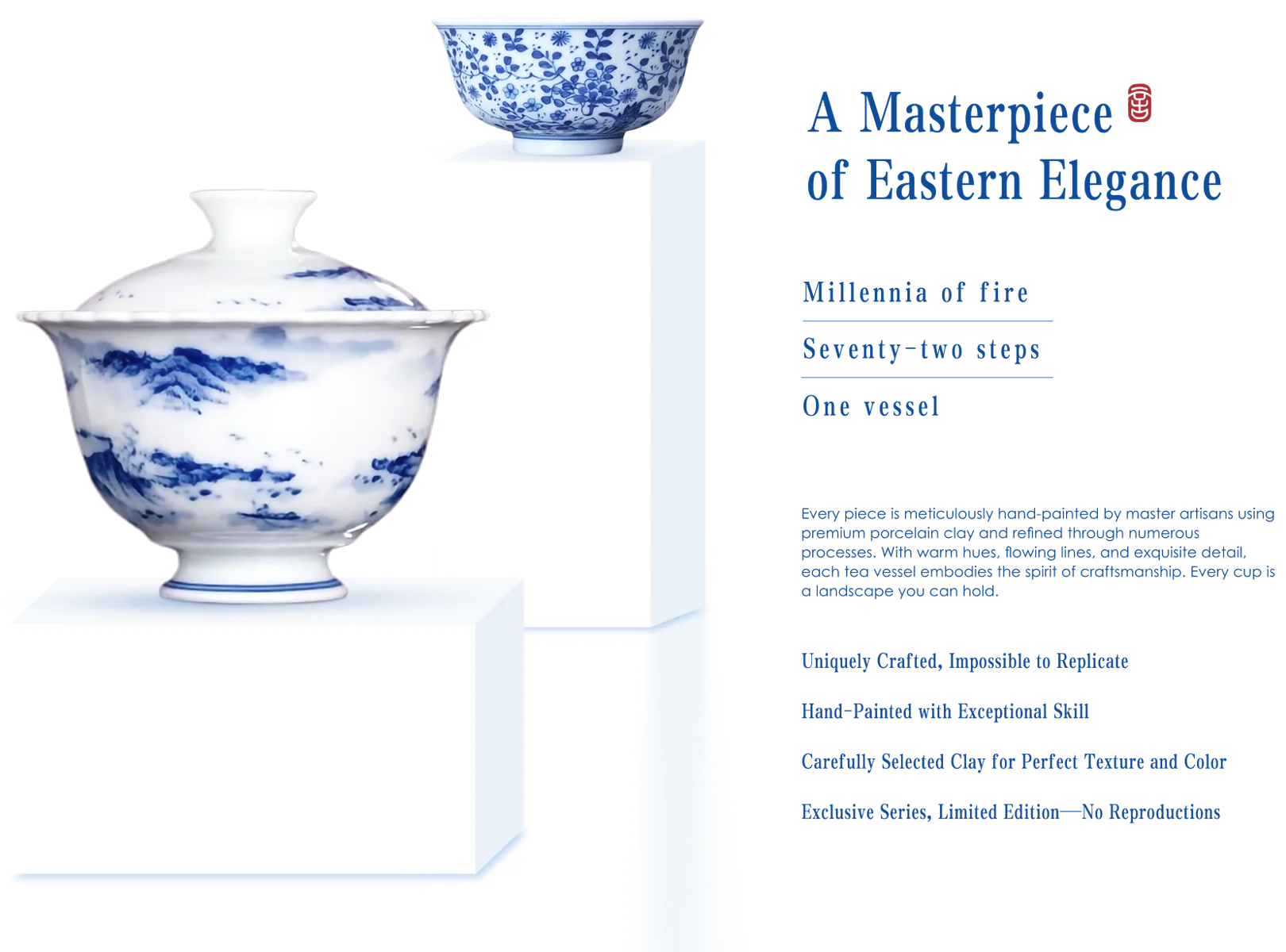 Hand-painted blue-and-white tea ware, Jingdezhen artisan craftsmanship, fired in ancient kilns, limited edition