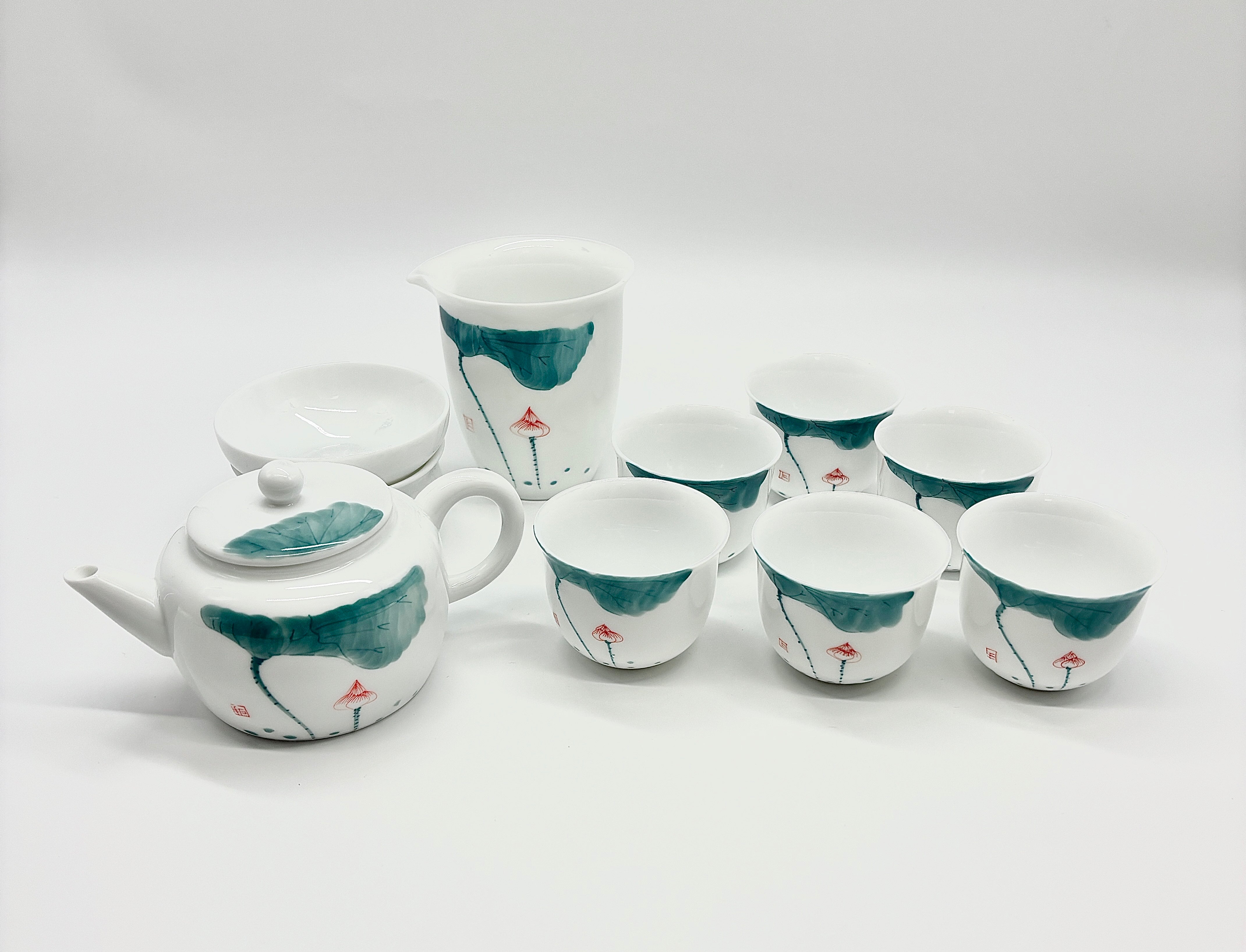 10头手绘荷塘夜色茶具套组